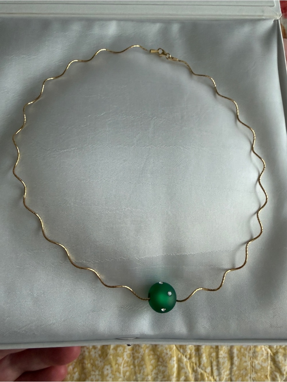 14k Yellow Gold Wavy Choker 16” Necklace with Green Swarovski Bead